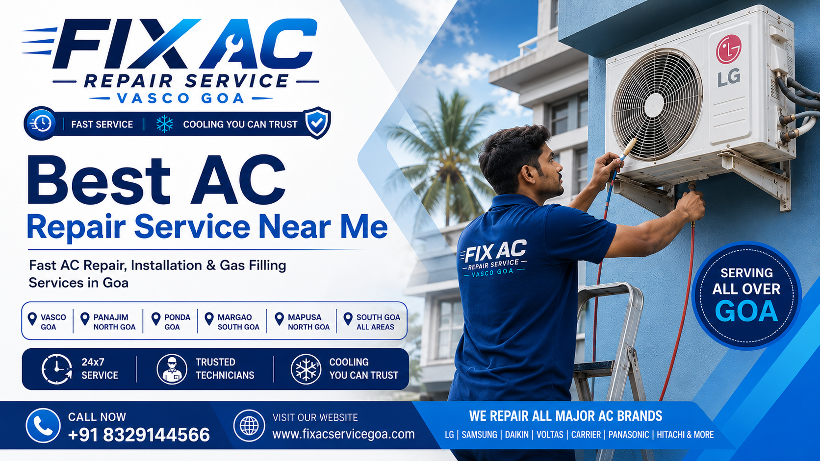 Expert AC technician repairing split air conditioner outdoor unit in Goa with 24/7 AC repair and maintenance services banner.