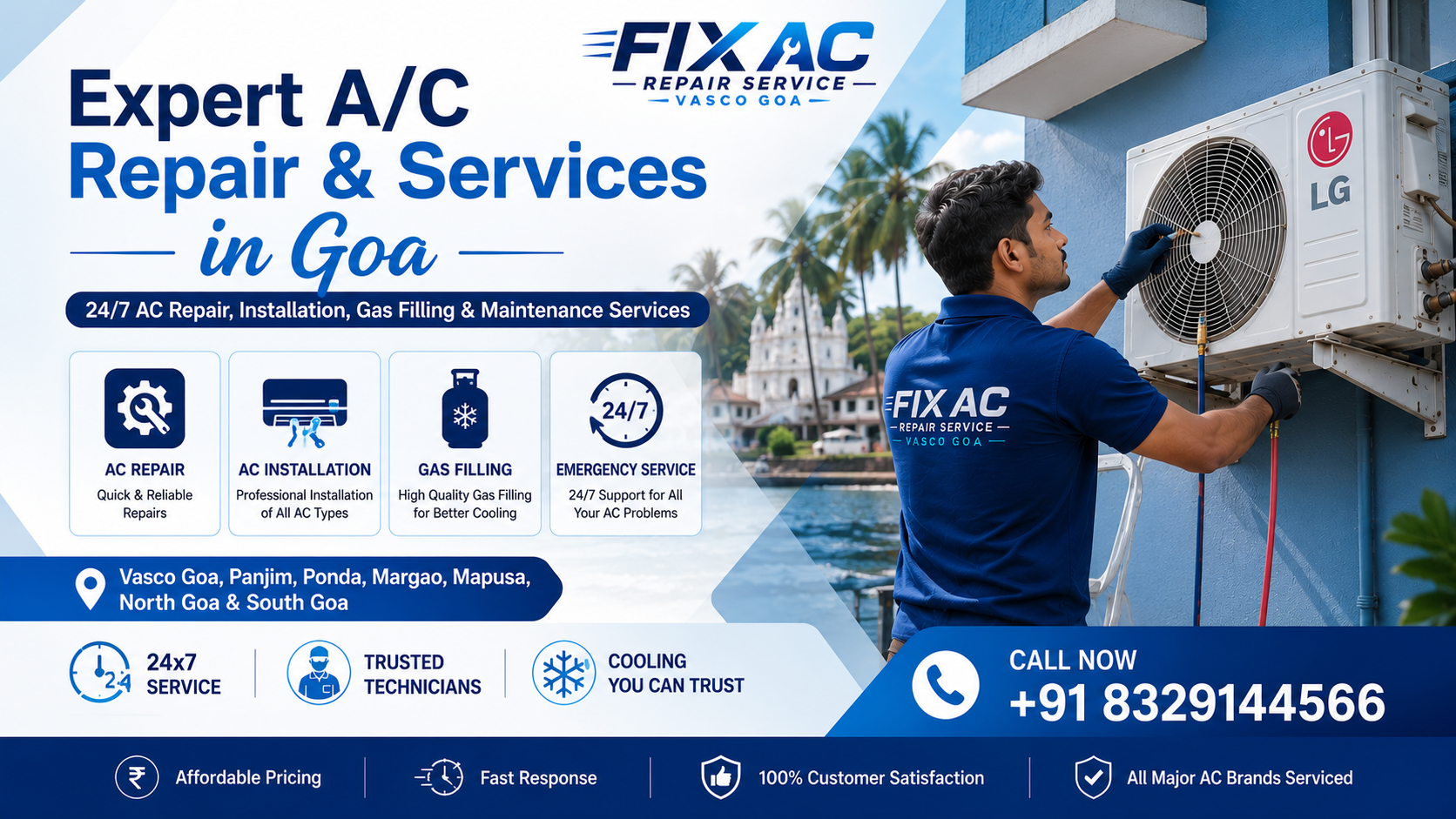 Expert AC technician repairing split air conditioner outdoor unit in Goa with 24/7 AC repair and maintenance services banner.