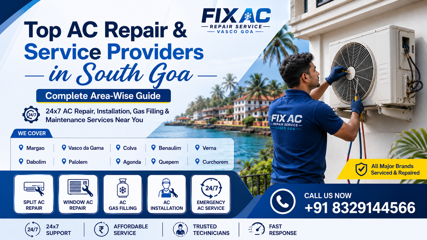 Professional AC technician repairing split AC outdoor unit with South Goa AC repair service promotional banner.