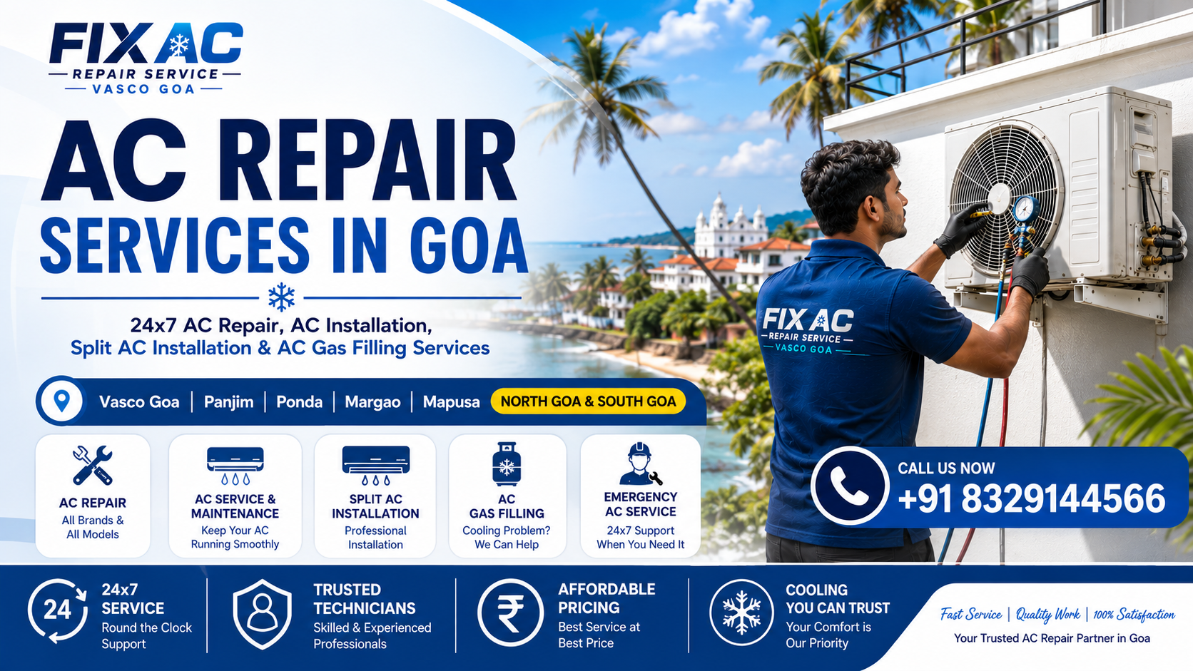 Professional AC technician providing AC repair and installation services in Goa with split AC outdoor unit.