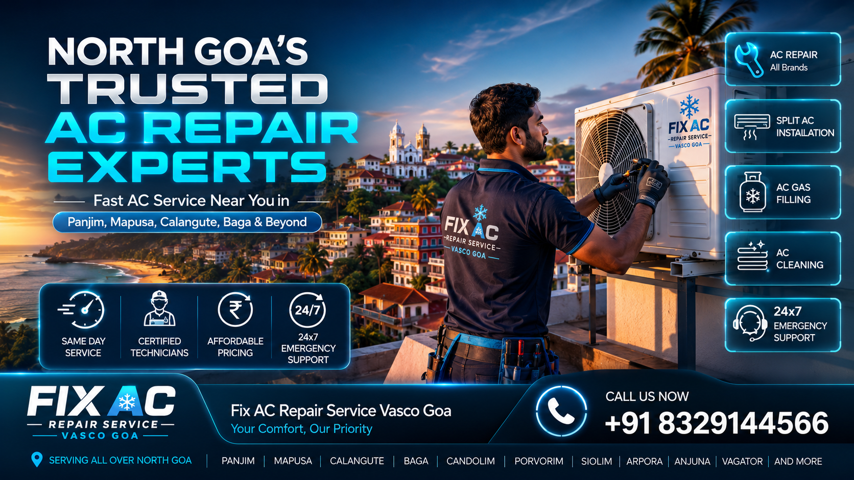 North Goa AC repair technician servicing split AC unit with premium 24x7 AC repair service banner.