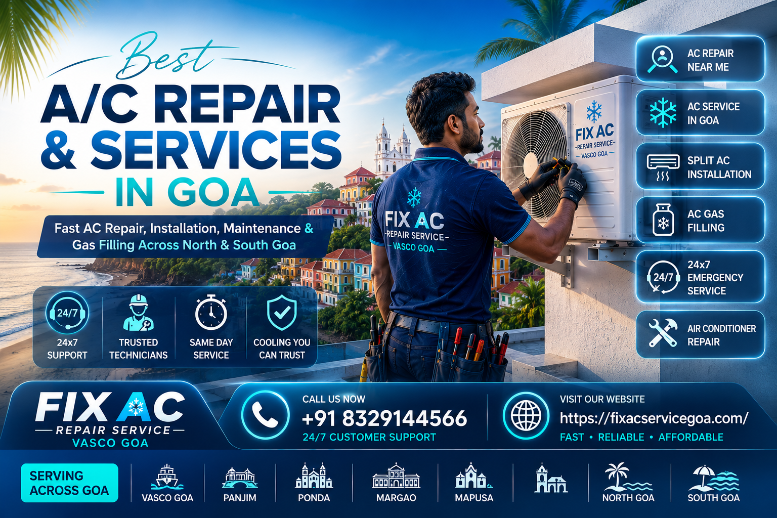 Professional AC repair technician servicing split AC unit in Goa with 24x7 AC installation and gas filling services banner.