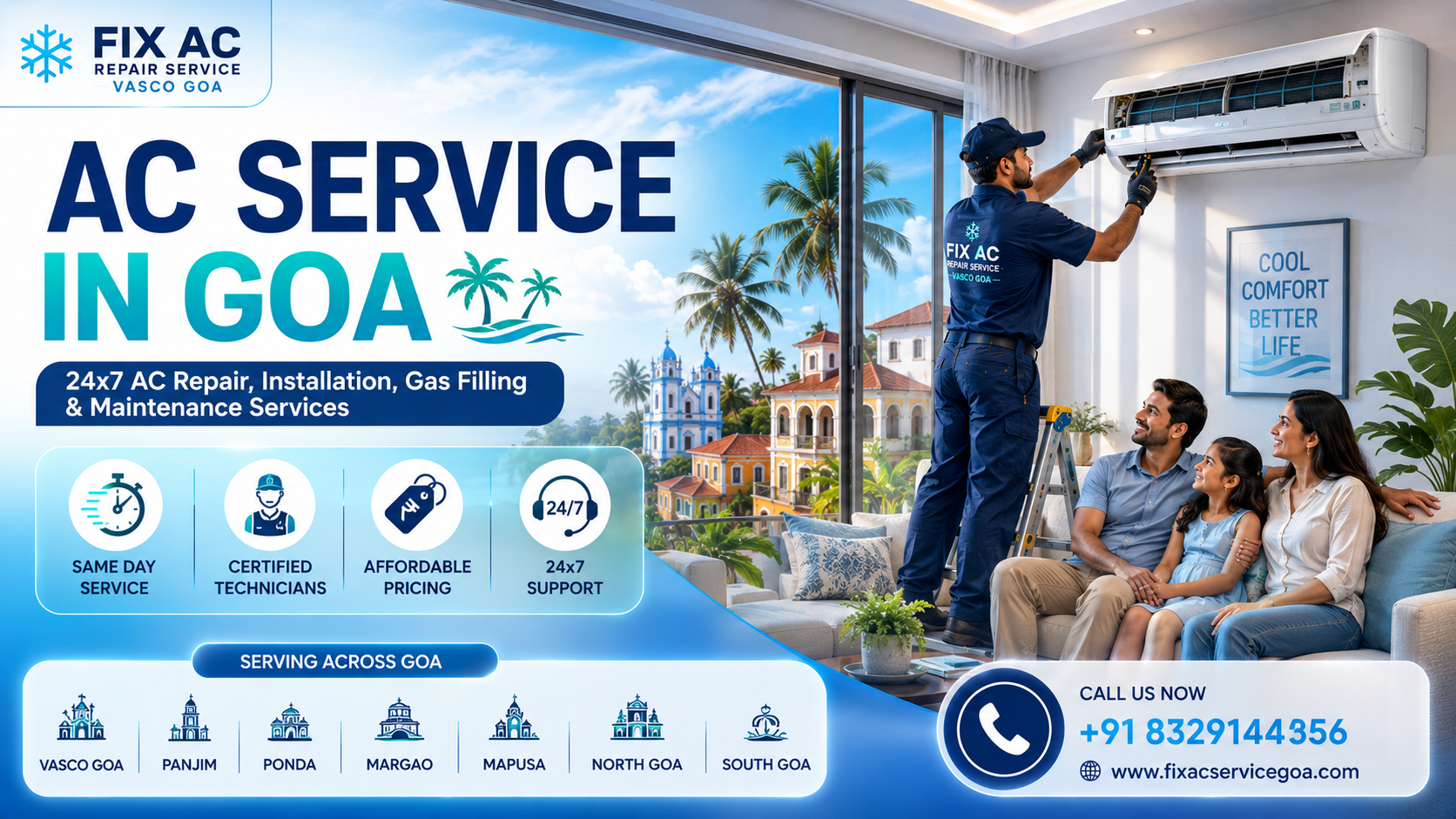 AC service in Goa featuring a professional technician servicing a split AC while a family enjoys comfortable cooling at home.